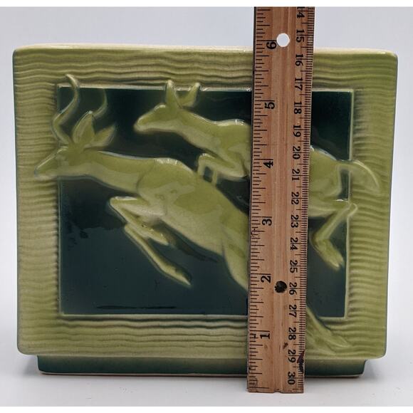 Vintage Royal Copley Pottery Vase Leaping Deer Relief Green Mid Century - Picture 6 of 7